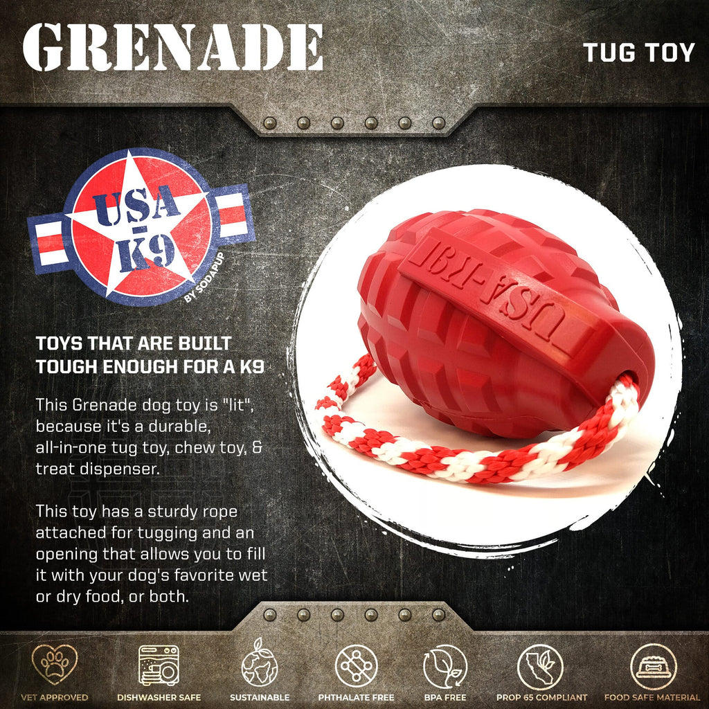 USA-K9 Grenade Dog Toy – Chew, Treat Dispenser & Tug