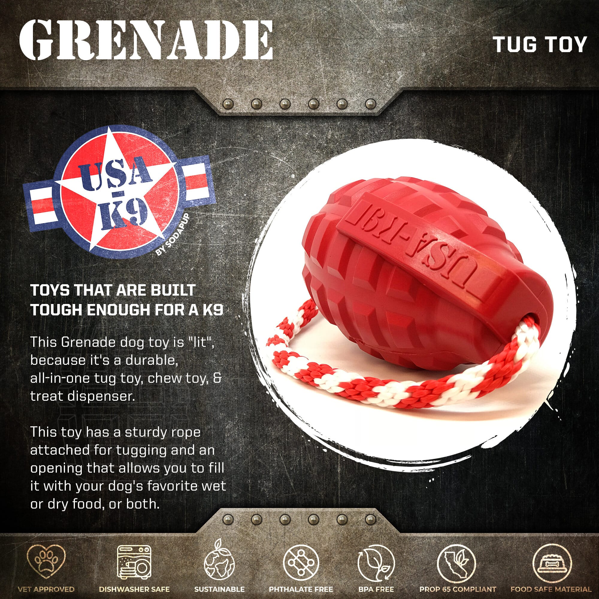 USA-K9 Grenade Dog Toy – Chew, Treat Dispenser & Tug