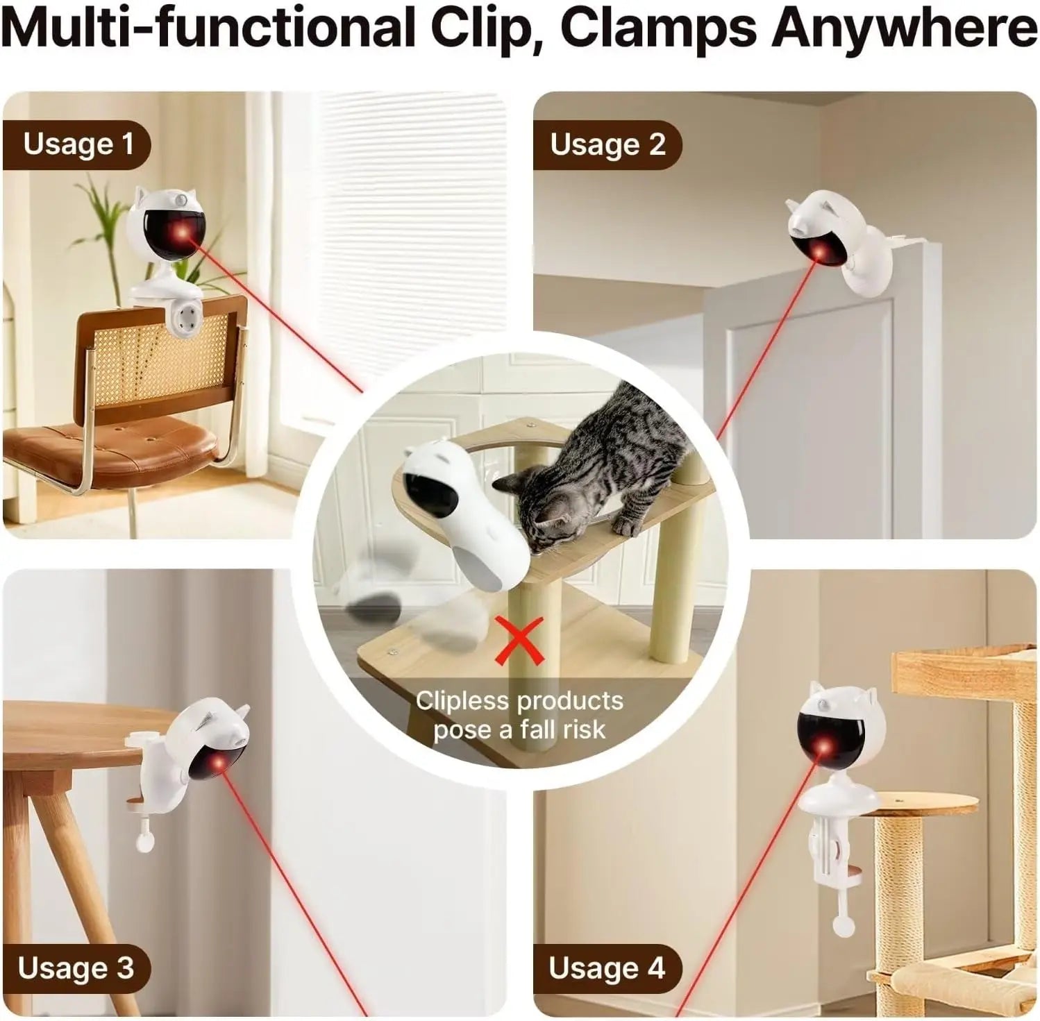 Motion-Activated Cat Laser Toy – Rechargeable Clamp-On